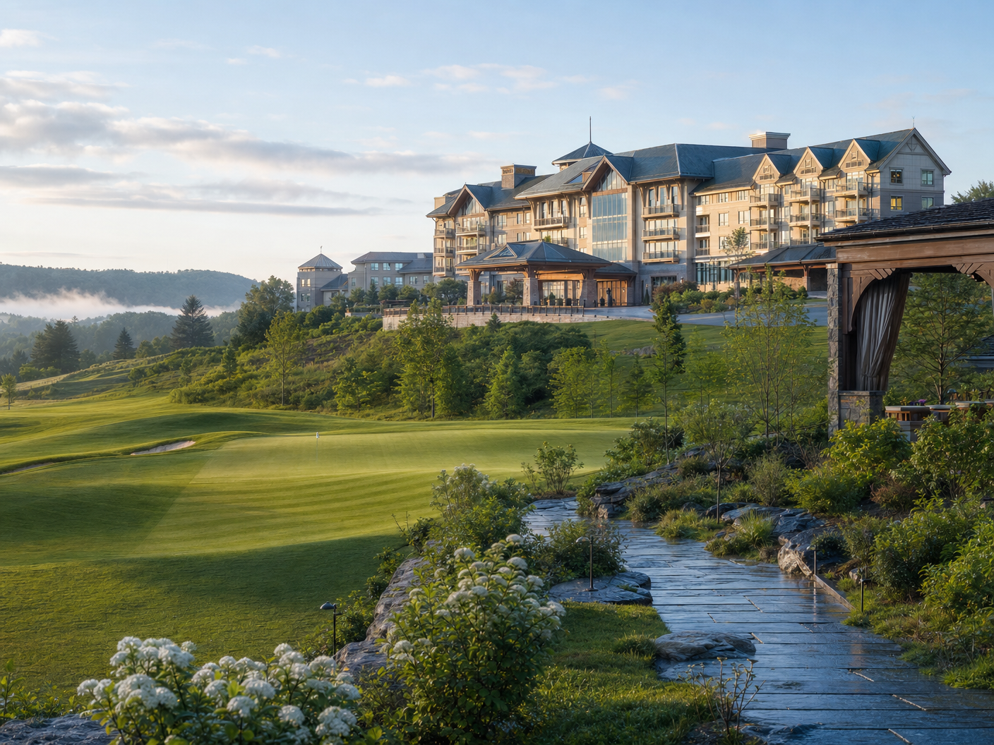 An Upstate New York resort framed by golf greens, trees, and warm afternoon light.